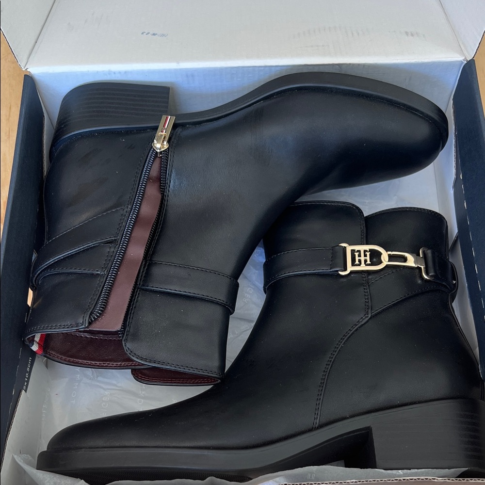 Tommy Hilfiger Black Ankle Booties with Gold Accent